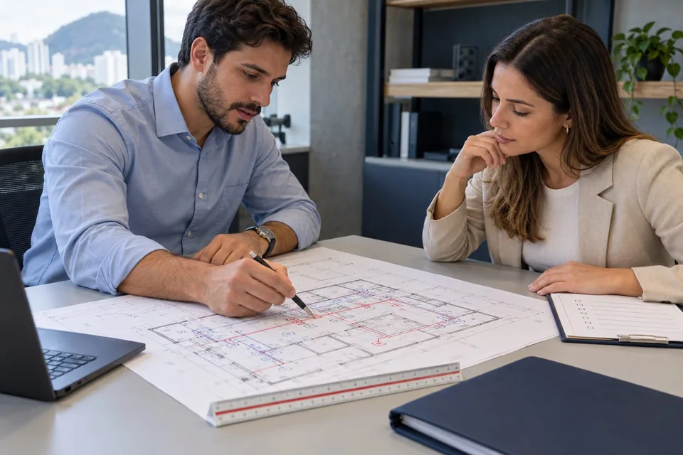 Duas pessoas analisando uma planta durante uma conversa sobre o projeto