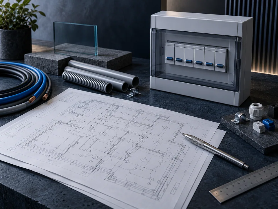 Composição conceitual de desenho técnico, materiais de instalação e um quadro elétrico representativo.